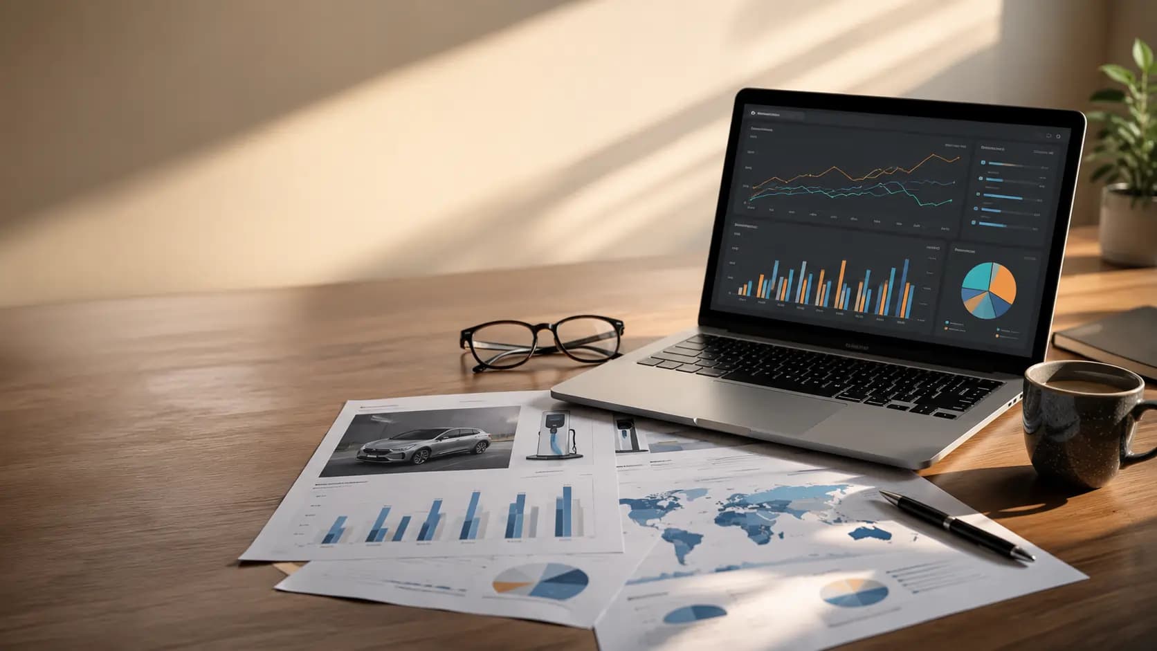 Desk with EV industry reports, charts and a laptop — dealership investment insights.