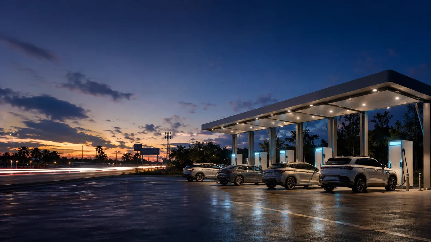 Multi-charger EV fast-charging hub in India with vehicles charging — charging station franchise opportunity.