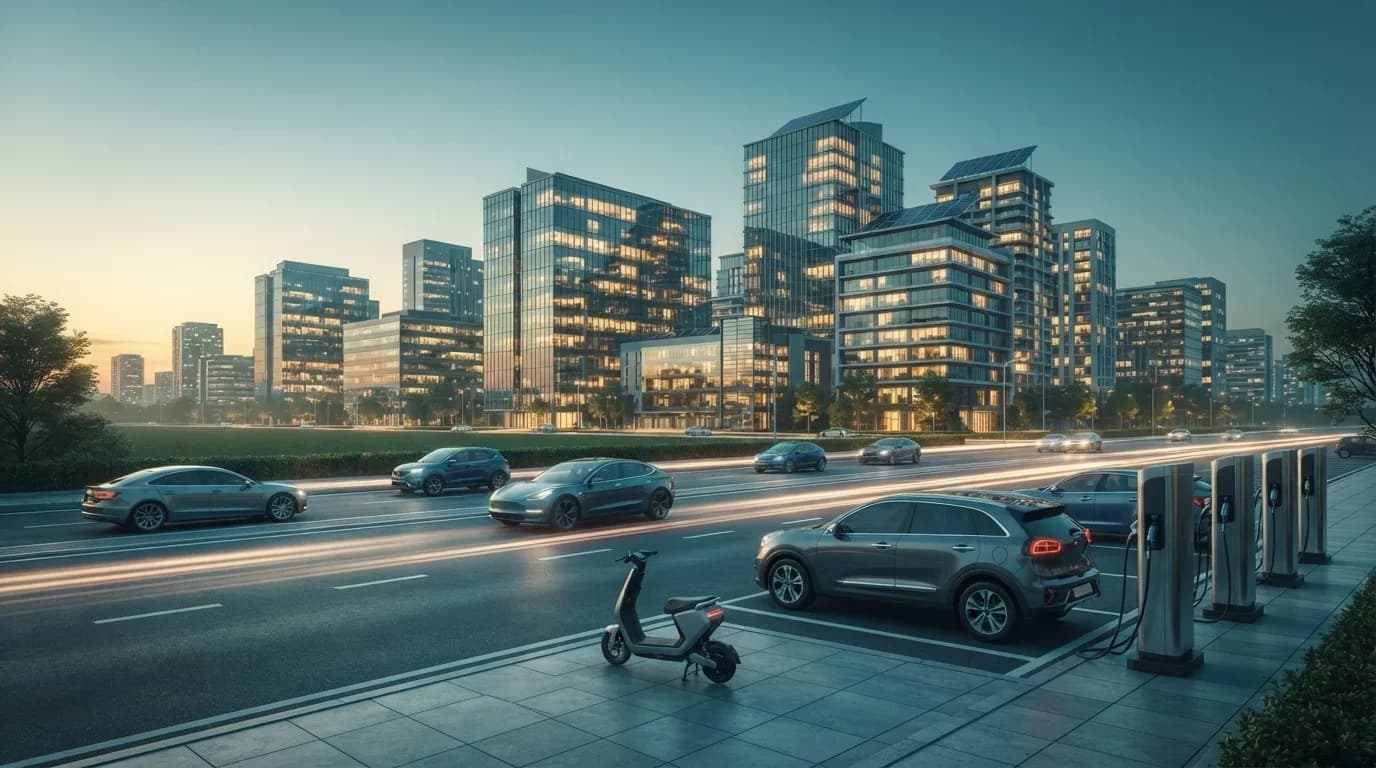 Electric vehicles and charging infrastructure across an Indian cityscape — EV market overview for investors.