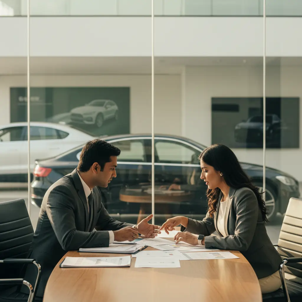 A consultant and an investor reviewing dealership application documents at a showroom table — VinFast dealership consulting guidance.