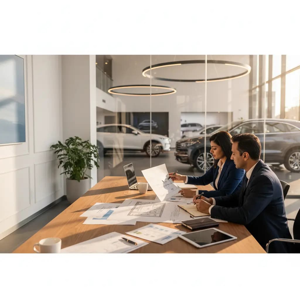 Two business partners reviewing dealership application documents across a desk — VinFast dealership consulting guidance.
