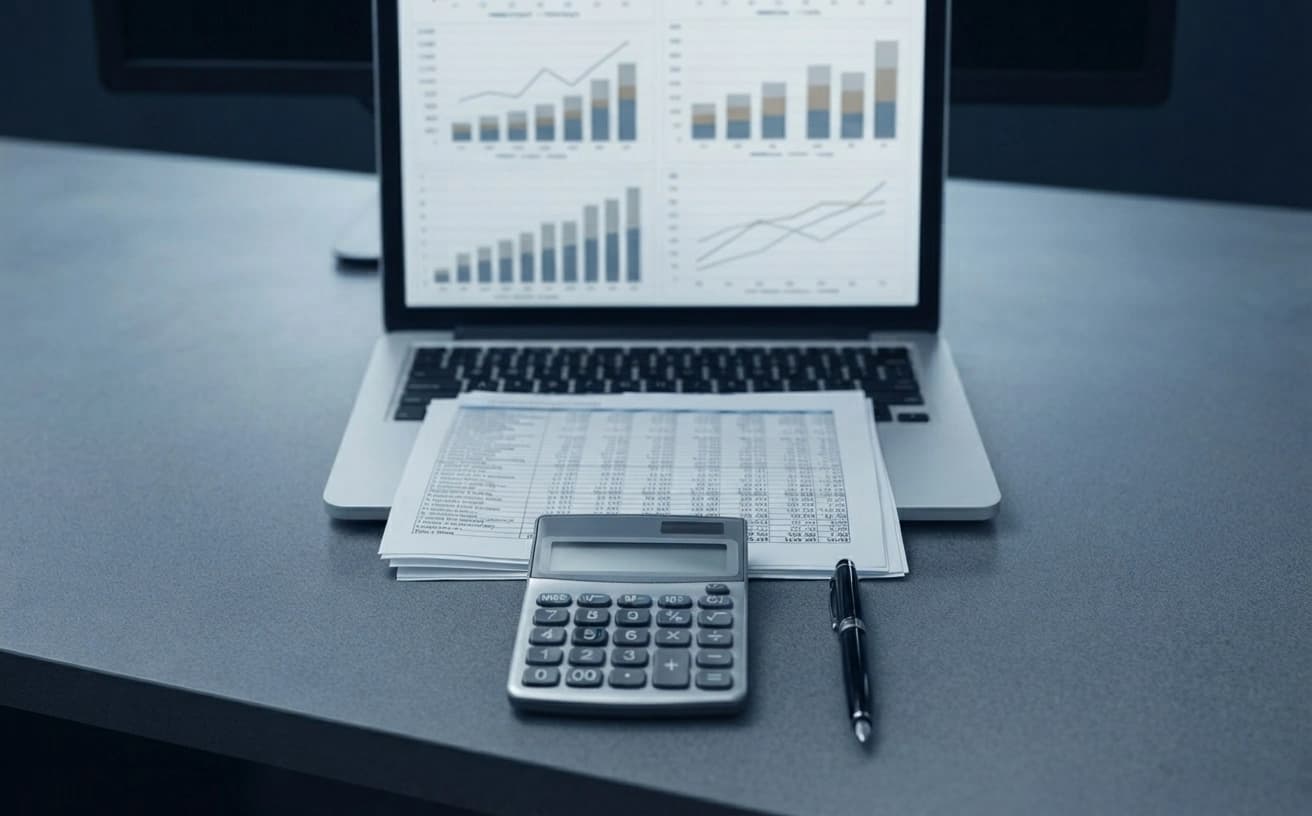 Financial spreadsheets, charts and a calculator modelling EV dealership setup cost — a Vinfast Auto Dealer estimate.