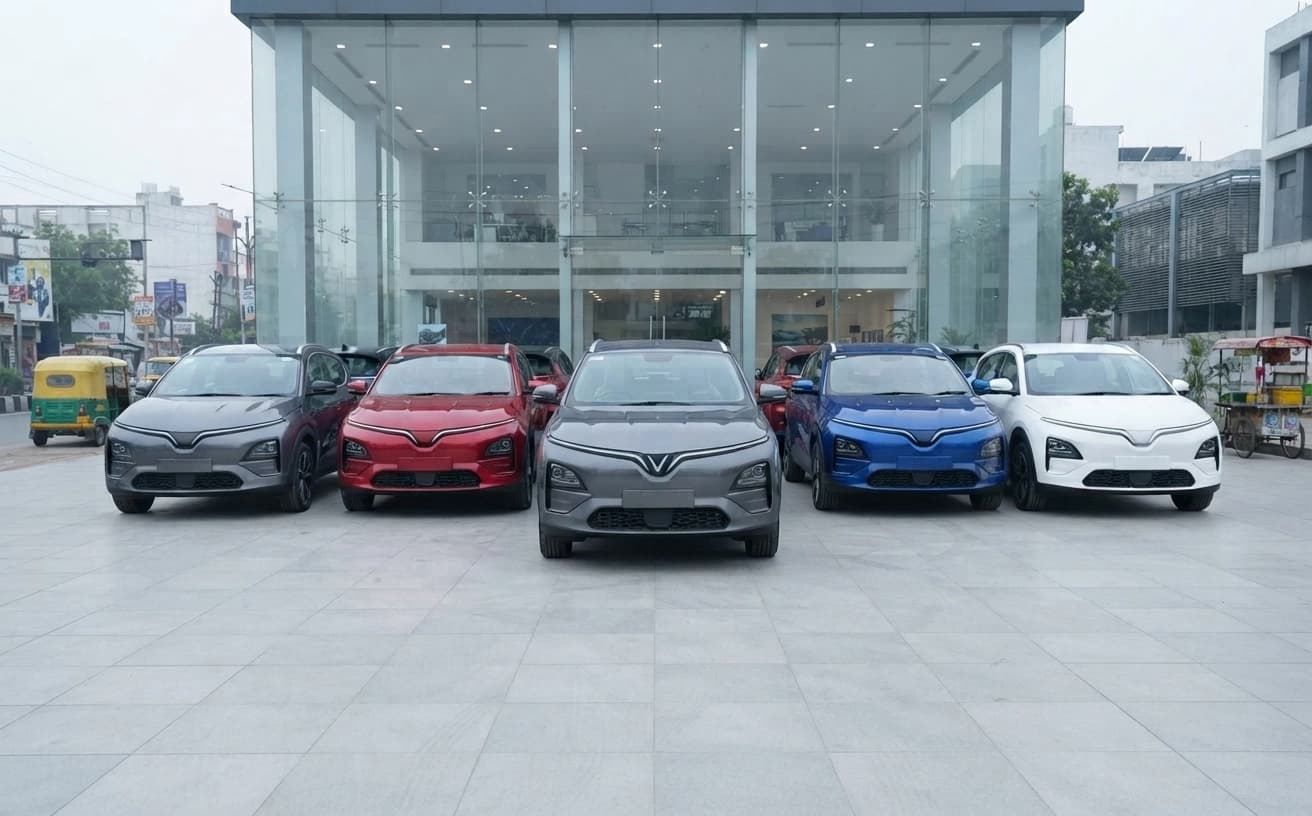 A line of electric cars on an Indian dealership forecourt — EV dealership economics for investors.