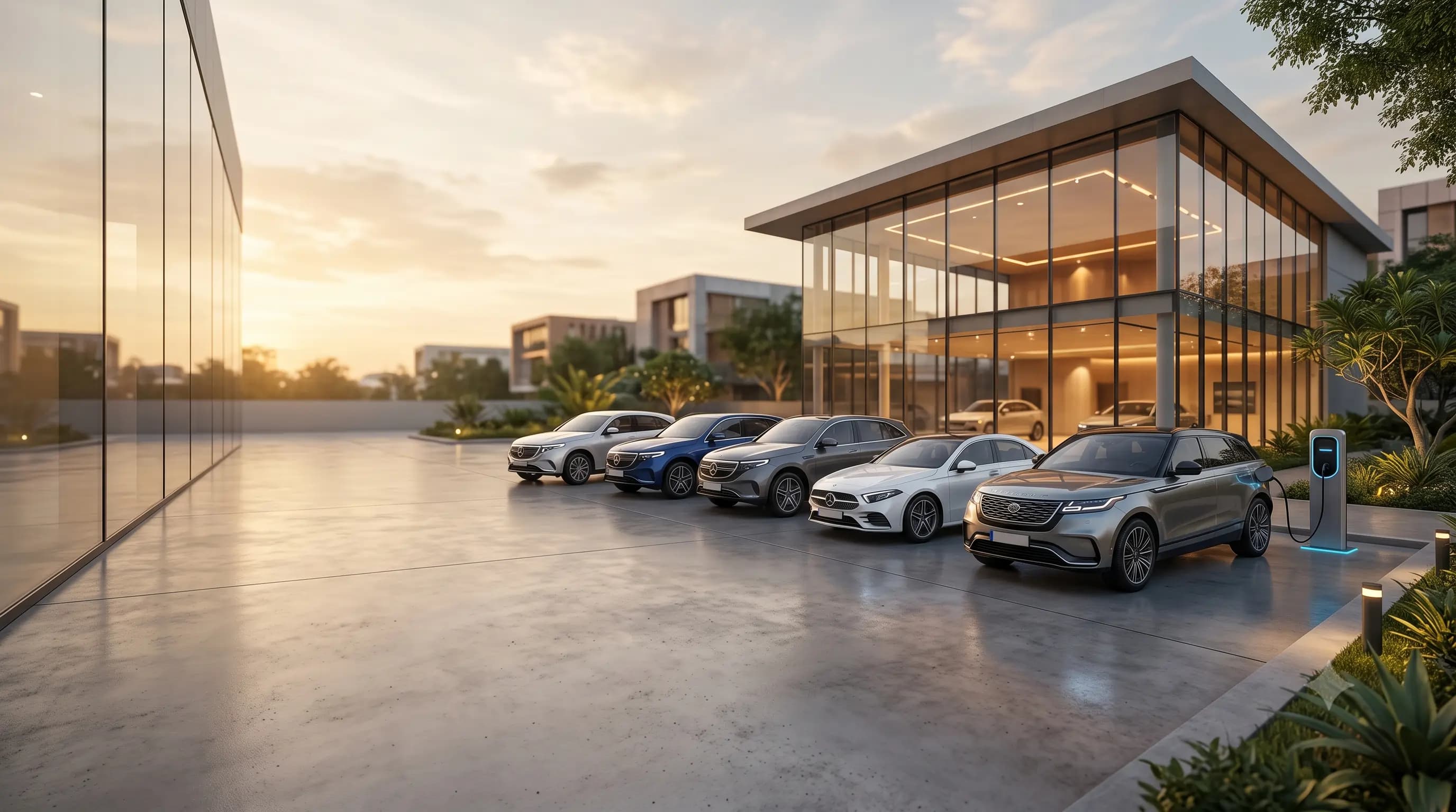 A line of electric cars on an Indian dealership forecourt — EV dealership economics for investors.