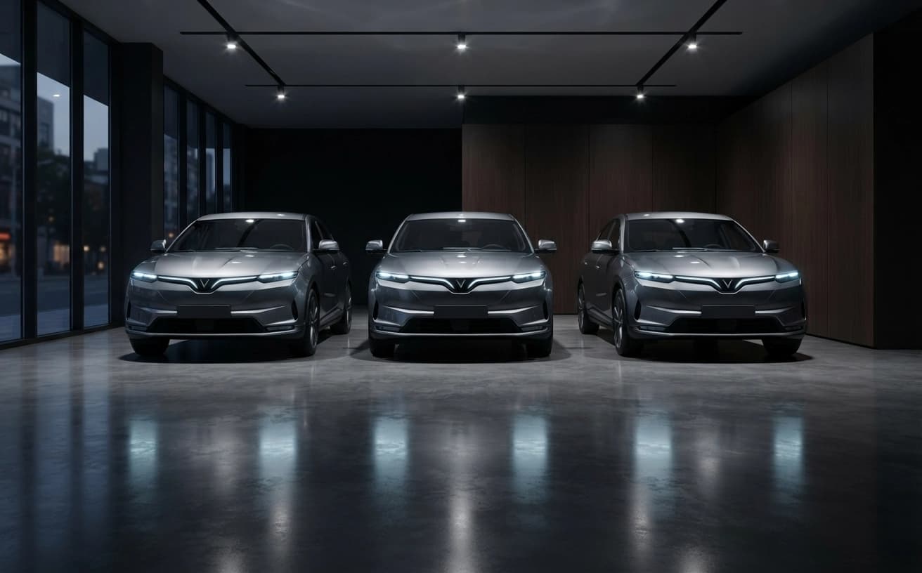 A row of electric SUVs displayed on a modern showroom floor — editorial reference for the models a dealer retails.