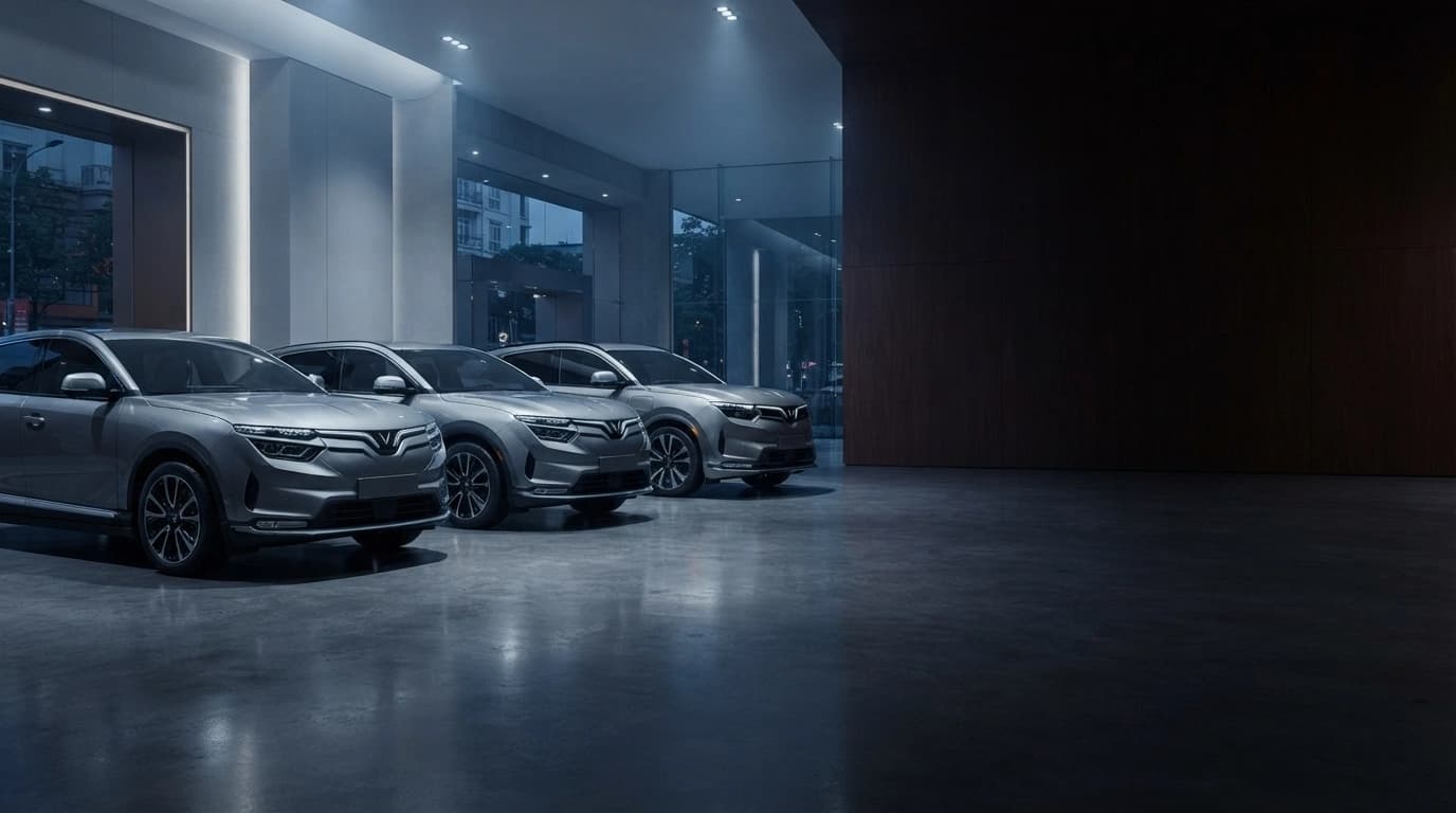 A row of electric SUVs displayed on a modern showroom floor — editorial reference for the models a dealer retails.