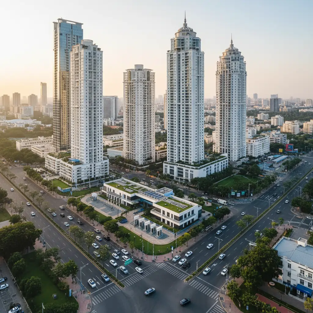 Electric vehicles and charging infrastructure across an Indian cityscape — EV market overview.