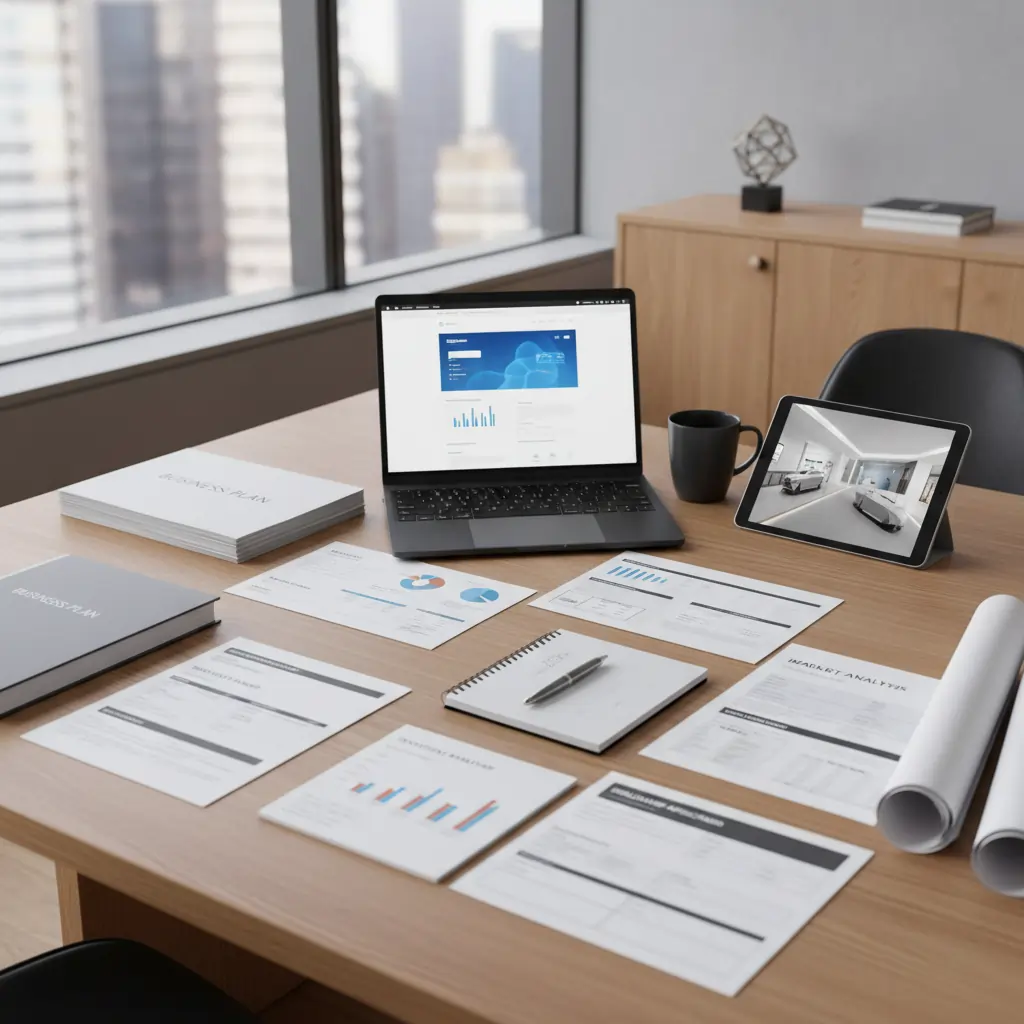 Entrepreneur planning an EV dealership business plan with charts and a laptop.