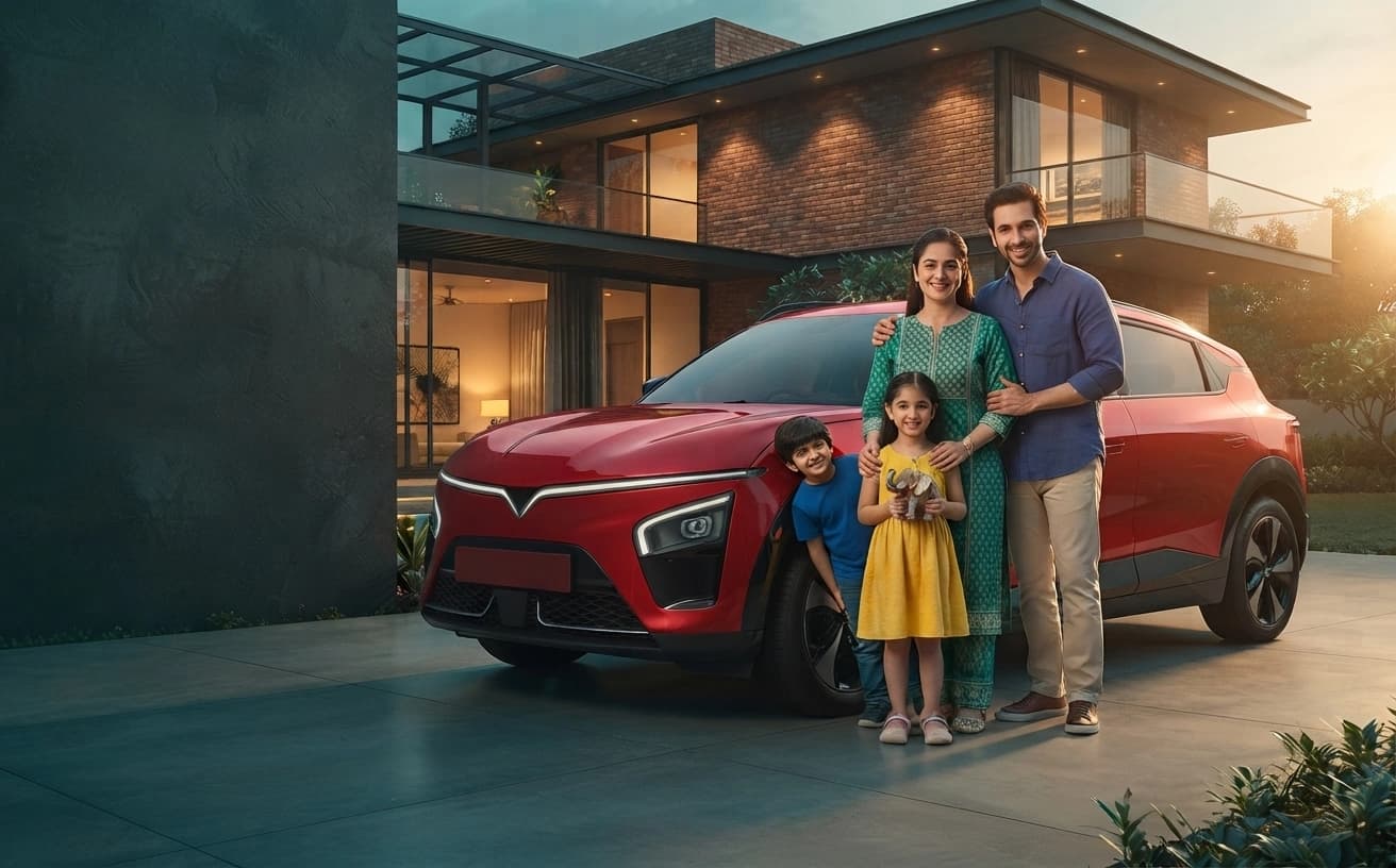 An Indian family with a modern electric SUV — VinFast & EV dealership investment consulting.