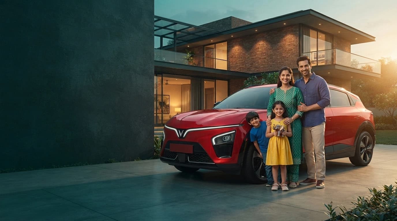 A sleek electric SUV outside a modern EV dealership in an Indian city at dusk — VinFast and EV dealership investment consulting.