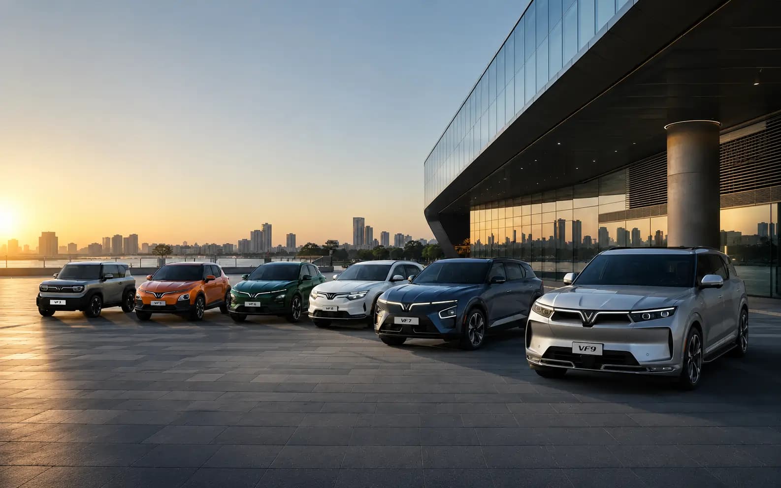A VinFast showroom lit at dusk in an Indian city, with electric vehicles on the forecourt.