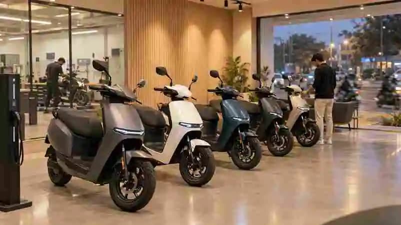 Electric scooters lined up in a two-wheeler dealership showroom in India — investor overview.