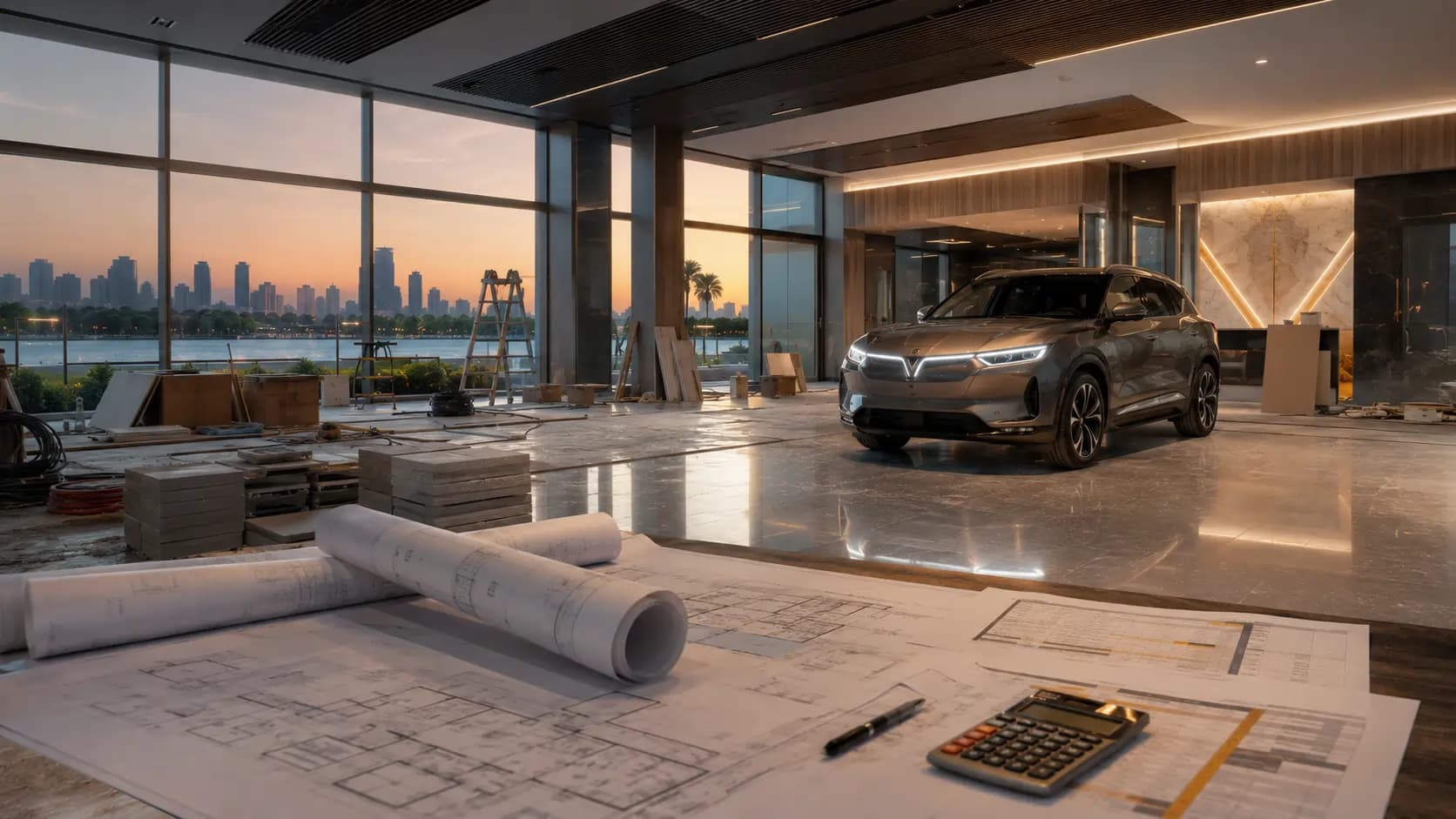 Financial spreadsheets, charts and a calculator on a desk, modelling EV dealership setup costs in India — Vinfast Auto Dealer estimate.